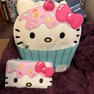 LOUNGEFLY Sanrio Hello Kitty Cupcake Backpack AND Wallet NWT